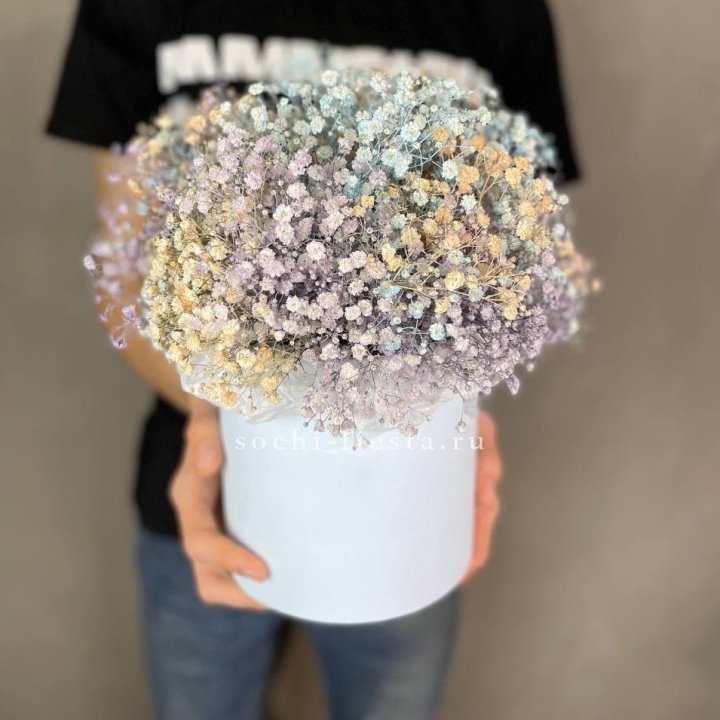 9 Радужных гипсофил в шляпной коробке в Смоленске